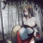  animal_ears bamboo bamboo_forest blush breasts brooch brown_hair cleavage closed_mouth collarbone cowboy_shot dress fingernails forest heoningu imaizumi_kagerou jewelry large_breasts long_fingernails long_hair long_sleeves monster_girl nature off-shoulder_dress off_shoulder rain red_eyes tail touhou werewolf wet wet_clothes white_dress wide_sleeves wolf_ears wolf_tail 