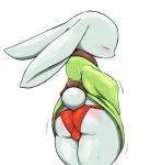 2020 anthro biped blush bodily_fluids butt camel_toe clothed clothing cottontail dress eyes_closed female fur hi_res lagomorph leporid long_ears mammal portrait rabbit raised_clothing raised_dress rear_view simple_background solo standing sweat three-quarter_portrait underwear white_background white_body white_fur 