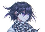  1boy :d bangs black_hair checkered checkered_scarf danganronpa_(series) danganronpa_v3:_killing_harmony hair_between_eyes highres looking_at_viewer male_focus open_mouth ouma_kokichi pale_skin portrait purple_eyes scarf short_hair simple_background smile solo tei_(auntaso) upper_body white_background 