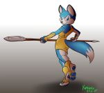  anthro athletic athletic_anthro athletic_female blue_body blue_eyes blue_fur butt canid canine clothed clothing dinosaur_planet female fox fur hindpaw holding_object holding_weapon krystal krystal_(dinosaur_planet) looking_at_viewer looking_back looking_back_at_viewer mammal melee_weapon multicolored_body multicolored_fur nintendo paws polearm simple_background solo spear staff star_fox thick_thighs toned_body toned_female two_tone_body two_tone_fur video_games weapon white_body white_fur yamavu 