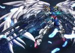  dual_wielding feathers floating glowing glowing_eyes green_eyes gun gundam gundam_wing gundam_wing_endless_waltz highres holding holding_gun holding_weapon looking_up mecha no_humans solo space star_(sky) tyuuboutyauyo v-fin weapon wing_gundam_zero_custom wings 