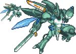  bellvine fantasy flying holding holding_sword holding_weapon insect_wings looking_down lowres mecha no_humans pixel_art seisenshi_dunbine siba._(sibadot) sword weapon white_background wings yellow_eyes zoom_layer 