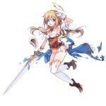  1girl bangs blue_eyes boots breasts brown_footwear cleavage dennou_tenshi_jibril full_body gloves halo high_heels holding holding_sword holding_weapon light_brown_hair long_hair looking_at_viewer official_art open_mouth solo sword thighhighs torn_clothes transparent_background weapon white_gloves 