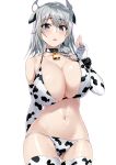  1girl absurdres animal_ears animal_print bangs bare_shoulders bell bell_choker bikini blue_eyes blush breasts choker cleavage collarbone cow_ears cow_horns cow_print cowbell elbow_gloves gloves grey_hair highres horns large_breasts long_hair looking_at_viewer navel open_mouth original shunichi simple_background swimsuit thighhighs white_background white_bikini white_gloves white_legwear 