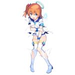  1girl arm_grab bangs between_legs blue_eyes boots dennou_tenshi_jibril eyebrows_visible_through_hair full_body halo hand_between_legs knees_together_feet_apart kuuchuu_yousai medium_hair official_art open_mouth orange_hair short_sleeves solo swimsuit thigh_boots thigh_strap thighhighs torn_clothes transparent_background white_swimsuit 