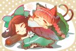  2girls animal_ears bangs black_bow black_wings blush bow braid brown_hair cape cat_ears cat_tail closed_eyes commentary_request control_rod dress extra_ears feathered_wings frilled_skirt frills green_bow green_dress green_skirt hair_bow highres htk_mikan kaenbyou_rin long_hair long_sleeves lying multiple_girls multiple_tails on_side pointy_ears polka_dot polka_dot_background red_hair reiuji_utsuho shirt short_sleeves signature skirt smile sun_(symbol) tail touhou twin_braids two_tails white_cape white_shirt wings 