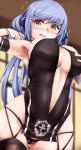  1girl alternate_costume arm_strap ass ass_visible_through_thighs azur_lane bare_hips blue_hair blush breasts brown_legwear brown_panties center_opening clothing_cutout cosplay covered_nipples essex_(azur_lane) from_below hand_in_hair highres large_breasts long_hair looking_at_viewer navel_cutout no_bra panties pelvic_curtain race_queen skin_tight skindentation solo tero_tero thighhighs underwear wrist_cuffs yellow_eyes zuikaku_(azur_lane) zuikaku_(azur_lane)_(cosplay) zuikaku_(the_wind&#039;s_true_name)_(azur_lane) 