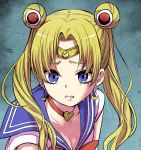  1girl bangs bishoujo_senshi_sailor_moon blonde_hair blue_eyes blue_sailor_collar bow breasts choker circlet cleavage collarbone commentary_request crescent crescent_earrings crying crying_with_eyes_open derivative_work diadem double_bun earrings furrowed_eyebrows hair_over_shoulder heart heart_choker highres izumi_(toubun_kata) jewelry long_hair looking_to_the_side parted_bangs parted_lips red_bow red_choker sailor_collar sailor_moon sailor_moon_redraw_challenge sailor_senshi_uniform screencap_redraw shiny shiny_hair shirt short_sleeves solo tears tsukino_usagi twintails upper_body white_shirt 