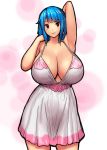  1girl arm_behind_head blue_hair blush breasts cleavage curvy dress erkaz hairband highres huge_breasts lips looking_at_viewer medium_hair nightgown original pink_background purple_eyes rina_atherina smile thighs white_dress white_hairband 