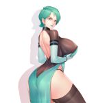  1girl alternate_breast_size aqua_eyes aqua_hair ass back_cutout black_dress blue_lips bracelet breast_hold breasts butt_crack chinese_commentary clothing_cutout dark_night_(darkotl) dress elbow_gloves four_murasame from_side gloves green_gloves gundam hair_behind_ear highres huge_breasts jewelry parted_lips short_hair skin_tight solo thighhighs white_background zeta_gundam 