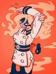  1girl arms_up black_mask boku_no_hero_academia breasts burnin_(boku_no_hero_academia) coat cowboy_shot eye_mask fiery_hair hair_between_eyes highres large_breasts open_mouth orange_background orange_theme smile solo uzuta white_coat 