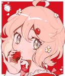  1girl ahoge bangs blonde_hair blush flower food food_themed_hair_ornament fruit green_eyes hair_flower hair_ornament heart holding holding_food kisaragi_yuu_(fallen_sky) original parted_lips portrait red_background red_nails short_hair signature solo strawberry strawberry_hair_ornament white_flower 