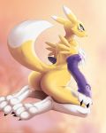  anthro armwear big_breasts big_butt blue_eyes breasts butt canid canine claws clothing digimon digimon_(species) feet female fur hand_on_leg hi_res ilp0 looking_at_viewer looking_back mammal nude paws renamon solo thick_thighs white_body white_fur wide_hips yellow_body yellow_fur 