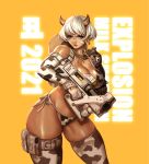  1girl 2021 absurdres animal_print bandaid bandaid_on_cheek bikini blue_eyes breasts chinese_zodiac cleavage contrapposto cow_girl cow_horns cow_print cowboy_hat ear_tag elbow_gloves english_text gloves gun hat hat_around_neck highres horns large_breasts lips long_hair looking_at_viewer mittens new_year nose orange_background original print_bikini print_legwear shiny shiny_skin short_hair side-tie_bikini silver_hair single_pauldron solo spaghetti_strap standing submachine_gun swimsuit thick_thighs thigh_pouch thighhighs thighs weapon wei_(kaminari0411) year_of_the_ox 