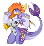  1girl ;d breasts claws cleavage colored_skin furry grey_leotard hands_up highres horns large_breasts leotard long_hair looking_at_viewer one_eye_closed open_mouth orange_hair original purple_skin red_eyes simple_background single_horn slugbox smile solo tail tongue tongue_out white_background 