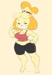  accessory animal_crossing anthro bell belly bike_shorts black_clothing blush bottomwear breasts canid canine canis clothing domestic_dog female hair_accessory hair_tie hand_on_hip hi_res isabelle_(animal_crossing) mammal muscular muscular_female navel nintendo purple_yoshi_draws shih_tzu shirt shorts smile smirk solo tank_top thick_thighs tight_clothing topwear toy_dog video_games wide_hips 