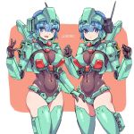  2girls :o bangs black_gloves blue_eyes blue_hair breasts clenched_hands covered_navel eyebrows_visible_through_hair gloves gundam gundam_unicorn highres mecha_musume medium_breasts michi_kuso missile_pod multiple_girls open_hand open_hands open_mouth personification short_hair signature skin_tight stark_jegan thighhighs 