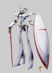  absurdres blue_eyes five_star_stories grey_background gundam highres holding holding_sword holding_weapon long_legs mecha nagano_mamoru_(style) no_humans parody redesign science_fiction shield solo standing style_parody sword turn_a_gundam turn_a_gundam_(mobile_suit) weapon ztyoho 