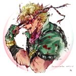  1boy battle_tendency bleeding blonde_hair blood blood_from_mouth blood_on_face bloody_clothes bloody_hair caesar_anthonio_zeppeli clenched_hands commentary_request cropped_torso cuts dated feathers fingerless_gloves from_side gloves green_eyes green_gloves green_jacket hair_feathers hair_ornament hand_on_own_chest hand_up headband_removed high_collar highres holding holding_headband injury italian_text jacket jojo_no_kimyou_na_bouken looking_ahead looking_away male_focus open_mouth pink_scarf profile scarf scratches serious short_hair short_sleeves signature solo torn_clothes translation_request upper_body zino 
