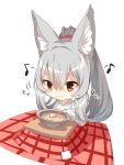  1girl animal_ear_fluff animal_ears bangs blush chibi closed_mouth collarbone commentary_request eighth_note eyebrows_visible_through_hair food fox_ears fox_girl fox_tail full_body grey_hair hair_between_eyes hair_rings japanese_clothes kimono kotatsu long_sleeves musical_note original patches red_eyes sidelocks simple_background solo table tail wavy_mouth white_background white_kimono wide_sleeves yuuji_(yukimimi) 