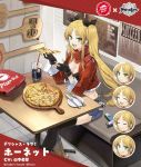  1girl aircraft airplane azur_lane bangs black_legwear blonde_hair breasts cleavage coat cola commentary_request food green_eyes hao_(patinnko) highres hornet_(azur_lane) hornet_(delicious_love)_(azur_lane) large_breasts long_hair official_alternate_costume official_art open_mouth pizza pizza_box pizza_hut pizza_slice red_coat short_shorts shorts smile solo thighhighs twintails very_long_hair 