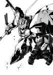  absurdres charging_forward clenched_hand d-1 greyscale highres huge_filesize kikou_senki_dragonar mecha monochrome open_hand radio_antenna science_fiction solo white_background yotsuba_(tetsuwan_28-gou) 