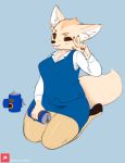  aggressive_retsuko anthro beverage beverage_can big_breasts blue_background blue_clothing blush breasts brown_eyes can canid canine claws clothed clothing female fennec fenneko fox fur gesture hi_res holding_beverage holding_can holding_object ilp0 kneeling looking_at_viewer mammal nails sanrio simple_background smile solo thick_thighs v_sign wide_hips 