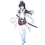  1girl bangs black_hair bodysuit boots covered_navel dennou_tenshi_jibril full_body hairpods halo holding holding_sword holding_weapon katana kuuchuu_yousai long_hair looking_at_viewer official_art pink_eyes sheath smile solo sword thigh_boots thighhighs transparent_background unsheathing weapon white_footwear 