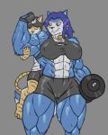  abs anthro bodily_fluids breasts canid canine canis clothing domestic_cat dumbbell duo felid feline felis female hair hopey male mammal muscular muscular_female sweat weights wolf 
