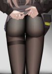  1girl absurdres ass black_coat brown_hair coat from_behind girls_frontline grey_background highres lifted_by_self long_hair miniskirt pantyhose pleated_skirt simple_background skirt skirt_lift solo thigh_gap thighband_pantyhose ump45_(girls_frontline) yonao 