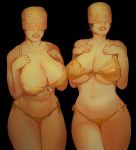  1girl absurdres bikini black_background breasts cleavage covered_eyes cowboy_shot fine_art_parody gold_bikini hands_up highres huge_breasts mossacannibalis multiple_views navel parody parted_lips simple_background swimsuit venus_of_willendorf 