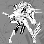  1girl artillery azur_lane bare_shoulders boots breasts cleavage full_body greyscale hair_over_one_eye hair_ribbon highres large_breasts long_hair looking_to_the_side monochrome northampton_(azur_lane) pillaridha ribbon rigging short_shorts shorts solo thigh_strap turret 