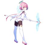  1girl ass bangs blue_eyes bodysuit boots dennou_tenshi_jibril detached_wings full_body green_eyes halo holding holding_staff kuuchuu_yousai looking_at_viewer mini_wings official_art pink_hair short_hair smile solo staff thigh_boots thighhighs transparent_background white_wings wings 