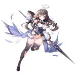  1girl bangs black_footwear brown_eyes brown_hair dennou_tenshi_jibril detached_sleeves full_body hair_ornament high_heels holding holding_weapon lance long_hair looking_at_viewer maebari official_art polearm solo thighhighs torn_clothes transparent_background weapon wince 