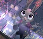  2021 anthro barefoot bottomwear clothed clothing disney eye_reflection female fireworks fully_clothed fur glass glistening glistening_eyes grey_body grey_fur hi_res high-angle_view judy_hopps lagomorph leporid mammal pants purple_eyes rabbit reflection relaxable relaxablefur shirt solo standing topwear window zootopia 