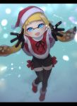  1girl arms_up bangs black_gloves black_legwear black_shorts blonde_hair blue_eyes blunt_bangs blurry bokeh boots capelet christmas commentary depth_of_field domino_mask fangs from_above fur-trimmed_capelet fur_trim gloves hat inkling lace-up letterboxed long_hair looking_at_viewer mask night open_mouth outdoors pointy_ears reaching red_capelet red_footwear red_headwear santa_boots santa_costume santa_gloves santa_hat short_shorts shorts smile snow snowing splatoon_(series) standing standing_on_one_leg takeko_spla tentacle_hair thighhighs twitter_username 