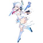  1girl ass bangs blue_eyes boots dennou_tenshi_jibril detached_sleeves detached_wings full_body halo kuuchuu_yousai looking_at_viewer official_art open_mouth short_hair solo thigh_boots thighhighs torn_clothes transparent_background twisted_torso white_footwear white_hair wings 