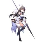  1girl bangs black_footwear brown_eyes brown_hair dennou_tenshi_jibril detached_sleeves full_body hair_ornament halo high_heels holding holding_weapon lance long_hair official_art open_mouth polearm solo thighhighs transparent_background weapon 