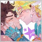  2boys aqua_eyes bandaid bandaid_on_cheek bandaid_on_face bandaid_on_forehead bandaid_on_hand bandaid_on_nose battle_tendency blonde_hair blue_gloves blue_shirt brown_hair caesar_anthonio_zeppeli cheek_squash close-up closed_eyes eyebrows_visible_through_hair facial_mark feathers fingerless_gloves forehead-to-forehead from_side gloves hair_feathers half-closed_eyes hands_on_another&#039;s_cheeks hands_on_another&#039;s_face happy headband jojo_no_kimyou_na_bouken joseph_joestar_(young) male_focus multiple_boys qiezi_guaishou shirt short_hair short_sleeves smile star_(symbol) triangle_print watermark 