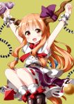  1girl arms_up bangs blunt_bangs brown_footwear chain clenched_hand cuffs fang gourd green_background highres holding horn_ornament horn_ribbon horns ibuki_suika long_hair looking_to_the_side low-tied_long_hair metal_belt oni_horns open_mouth orange_eyes orange_hair outstretched_arms purple_ribbon purple_skirt pyramid red_neckwear red_ribbon ribbon ribbon-trimmed_skirt ribbon_trim ruu_(tksymkw) shackles shirt simple_background sitting skirt smile solo sphere torn_clothes torn_sleeves touhou very_long_hair white_legwear white_shirt wrist_cuffs 