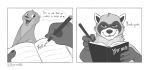  &lt;3 2021 absurd_res anthro comic death_note dialogue digital_drawing_(artwork) digital_media_(artwork) duo english_text felix_(nik159) greyscale hi_res holding_object humor lutrine male mammal monochrome mustelid nik159 nik_(nik159) notebook open_mouth open_smile parody pencil_(object) procyonid raccoon simple_background smile smirk text url white_background writing_text 