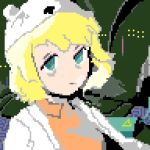  1girl adventure_time alien1890 bags_under_eyes bear_hat blonde_hair blue_eyes coat hat labcoat looking_at_viewer lowres minerva_(adventure_time) oekaki open_clothes open_coat orange_shirt pixel_art shirt short_hair white_coat 