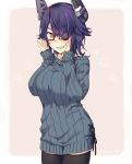  1girl adjusting_eyewear bespectacled black_legwear blush breasts brown_eyes eyebrows_visible_through_hair eyepatch glasses grey_sweater grin kantai_collection kotobuki_(momoko_factory) large_breasts long_sleeves looking_at_viewer messy_hair parted_lips purple_hair rectangular_eyewear red-framed_eyewear ribbed_sweater semi-rimless_eyewear short_hair smile solo sweater teeth tenryuu_(kantai_collection) thighhighs twitter_username under-rim_eyewear 