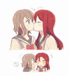  2girls ^^^ bangs blue_eyes blush bow brown_hair closed_eyes commentary_request covering_mouth eyebrows_visible_through_hair hand_over_own_mouth highres kiss love_live! love_live!_sunshine!! multiple_girls red_bow red_hair sakurauchi_riko school_uniform sidelocks simple_background translation_request uranohoshi_school_uniform watanabe_you white_background yellow_eyes yuri yuyu_(yuyunnm) 