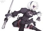  1girl absurdres akawoud black_blindfold black_dress black_hairband blindfold blue_eyes boots cleavage_cutout clothing_cutout dress feather-trimmed_sleeves fighting_stance hairband high_heel_boots high_heels highres holding holding_sword holding_weapon juliet_sleeves katana long_sleeves nier_(series) nier_automata no_blindfold pink_lips puffy_sleeves reverse_grip signature silver_hair simple_background solo sword thigh_boots thighhighs thighhighs_under_boots thighs twitter_username two-sided_fabric two-sided_skirt weapon white_background yorha_no._2_type_b 