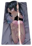  1girl anger_vein ass bangs bare_legs bed_sheet black_camisole black_hair blush boyshort_panties camisole commentary_request eyepatch eyes_visible_through_hair feet feet_up from_behind full_body isadora_finnsdottir long_hair looking_at_viewer looking_back lotte_no_omocha! lying no ogata_zen on_stomach partial_commentary pillow pointing pointy_ears purple_eyes soles solo sweatdrop toes yes-no_pillow 