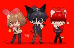  1girl 2boys absurdres akechi_gorou amamiya_ren animal_ears bag bangs black_hair black_jacket blunt_bangs bow brown_hair brown_jacket btmr_game bunny_tail cat_tail character_doll chibi closed_eyes closed_mouth copyright_name fake_animal_ears flower glasses hair_between_eyes hair_bow hair_flower hair_ornament hand_in_pocket heart hello_kitty hello_kitty_(character) highres holding jacket kuromi long_hair long_sleeves male_focus multiple_boys my_melody onegai_my_melody open_mouth pants persona persona_5 persona_5_the_royal plaid plaid_pants plaid_skirt ponytail red_background red_eyes red_hair sanrio school_uniform shoulder_bag shuujin_academy_uniform signature simple_background skirt star_(symbol) stuffed_toy tail yoshizawa_kasumi 