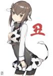  1girl animal_ears animal_print artist_logo blush brown_eyes brown_hair chinese_zodiac closed_mouth cow_ears cow_horns cow_print cow_tail cowboy_shot eyebrows_visible_through_hair hair_between_eyes horns kantai_collection long_sleeves pleated_skirt short_hair simple_background skirt solo taihou_(kantai_collection) tail white_background white_skirt yamashichi_(mtseven) year_of_the_ox 