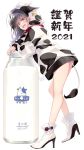  1girl 2021 animal_ears animal_hood animal_print ass bangs black_hair blue_eyes boots bottle chinese_zodiac collar commentary_request cow_ears cow_hood cow_horns cow_print cow_tail ear_tag eyebrows_visible_through_hair fake_animal_ears fake_horns full_body hair_between_eyes high_heel_boots high_heels highres hood hood_up hoodie horns leaning_forward long_hair long_sleeves milk milk_bottle motomiya_mitsuki original oversized_object print_hoodie puffy_long_sleeves puffy_sleeves red_collar signature simple_background sleeves_past_wrists solo standing tail translation_request white_background white_footwear white_hoodie year_of_the_ox 
