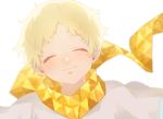  1boy backlighting baggy_clothes bangs blonde_hair blush closed_eyes face fate/grand_order fate/requiem fate_(series) male_focus parted_bangs scarf short_hair smile solo teppie_(hoi_teppie) upper_body voyager_(fate/requiem) white_robe yellow_scarf 